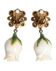 Dolce & Gabbana Brass White Flower Bloom Crystal Clip Dangling Earrings