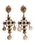 Dolce & Gabbana Gold Black Crystal Cross Sacred Heart Dangling Earrings