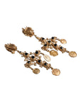 Dolce & Gabbana Gold Black Crystal Cross Sacred Heart Dangling Earrings