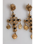 Dolce & Gabbana Gold Black Crystal Cross Sacred Heart Dangling Earrings