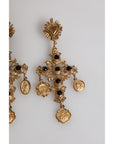 Dolce & Gabbana Gold Black Crystal Cross Sacred Heart Dangling Earrings