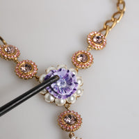 Dolce & Gabbana Gold Brass Floral Crystals Pearl Embellished Necklace