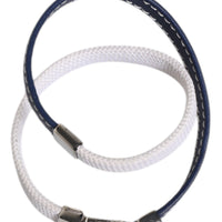 Dolce & Gabbana Blue White Leather Trimmed DG Engraved Silver Tone Clasp Bracelet