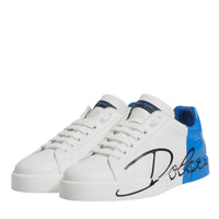 Dolce & Gabbana White Blue Leather Logo Low Top Sneakers Shoes