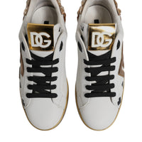 Dolce & Gabbana White Gold Crystal Logo Portofino Sneakers Shoes