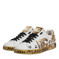 Dolce & Gabbana White Gold Crystal Logo Portofino Sneakers Shoes