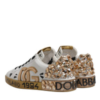 Dolce & Gabbana White Gold Crystal Logo Portofino Sneakers Shoes