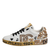 Dolce & Gabbana White Gold Crystal Logo Portofino Sneakers Shoes