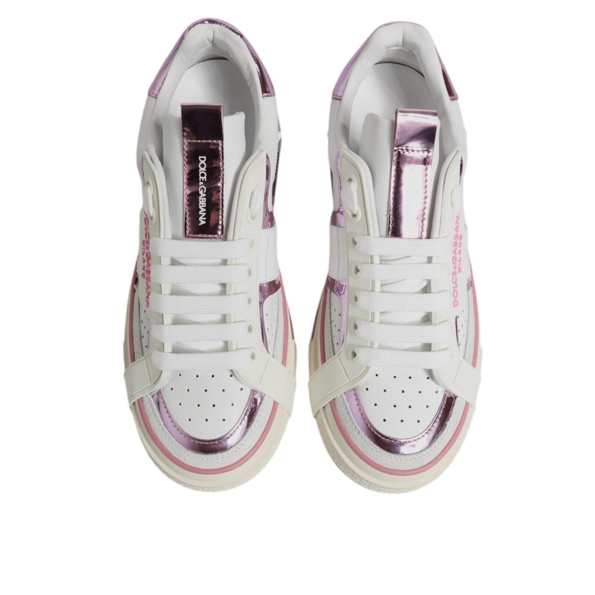 Dolce & Gabbana White Pink Leather Low Top Sneakers Shoes