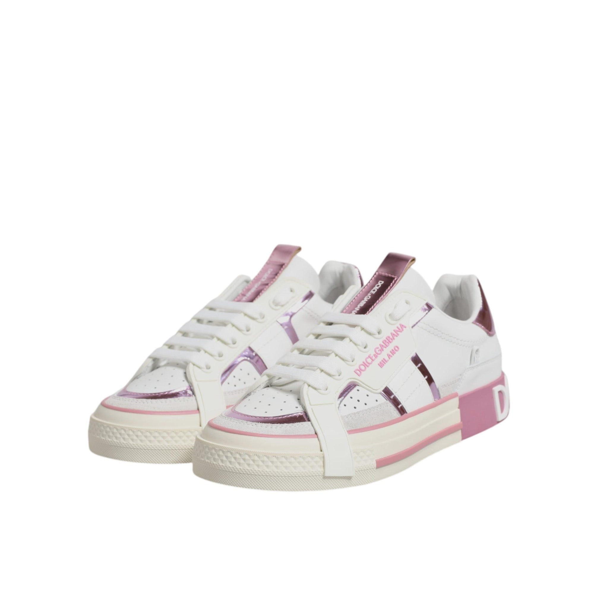 Dolce & Gabbana White Pink Leather Low Top Sneakers Shoes