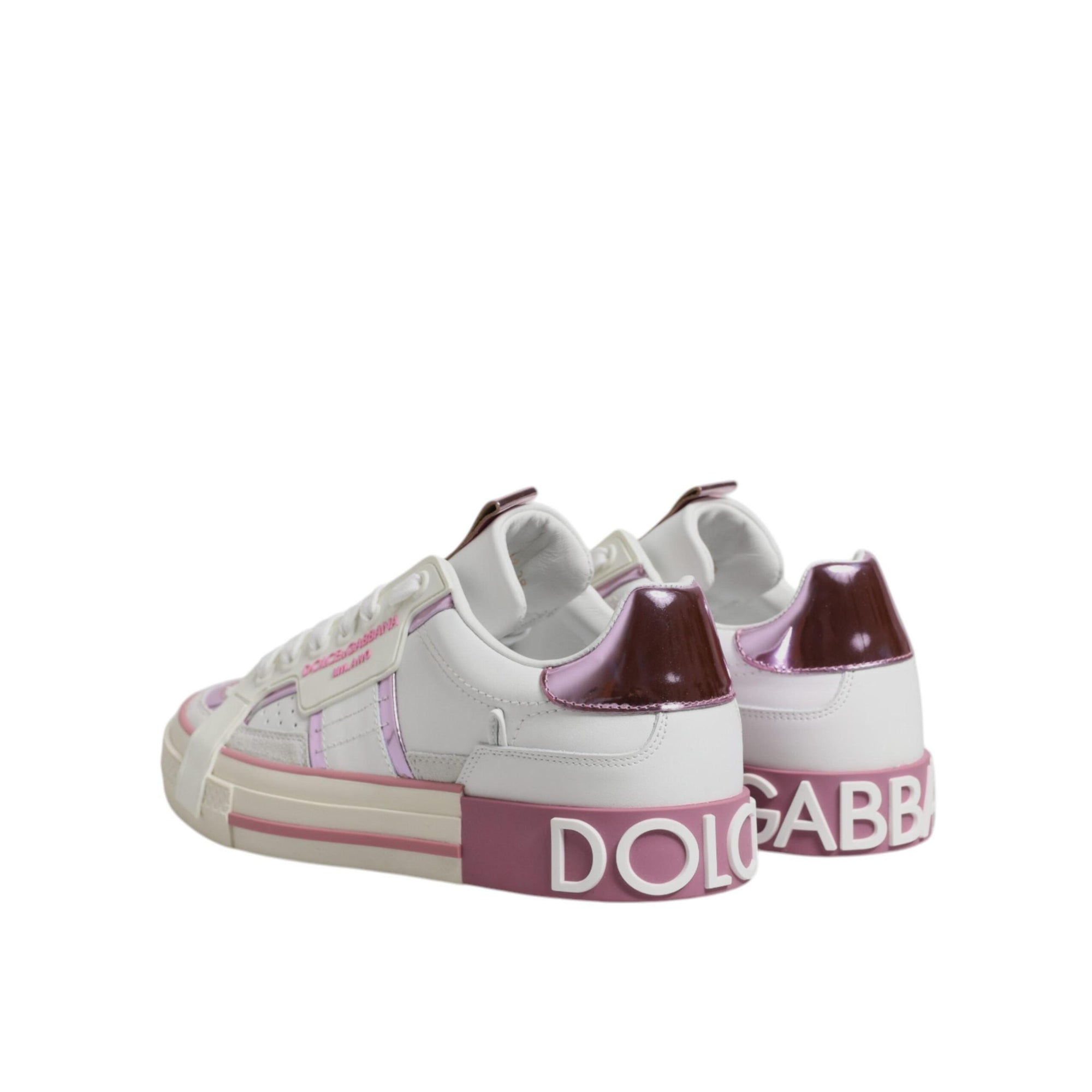 Dolce & Gabbana White Pink Leather Low Top Sneakers Shoes