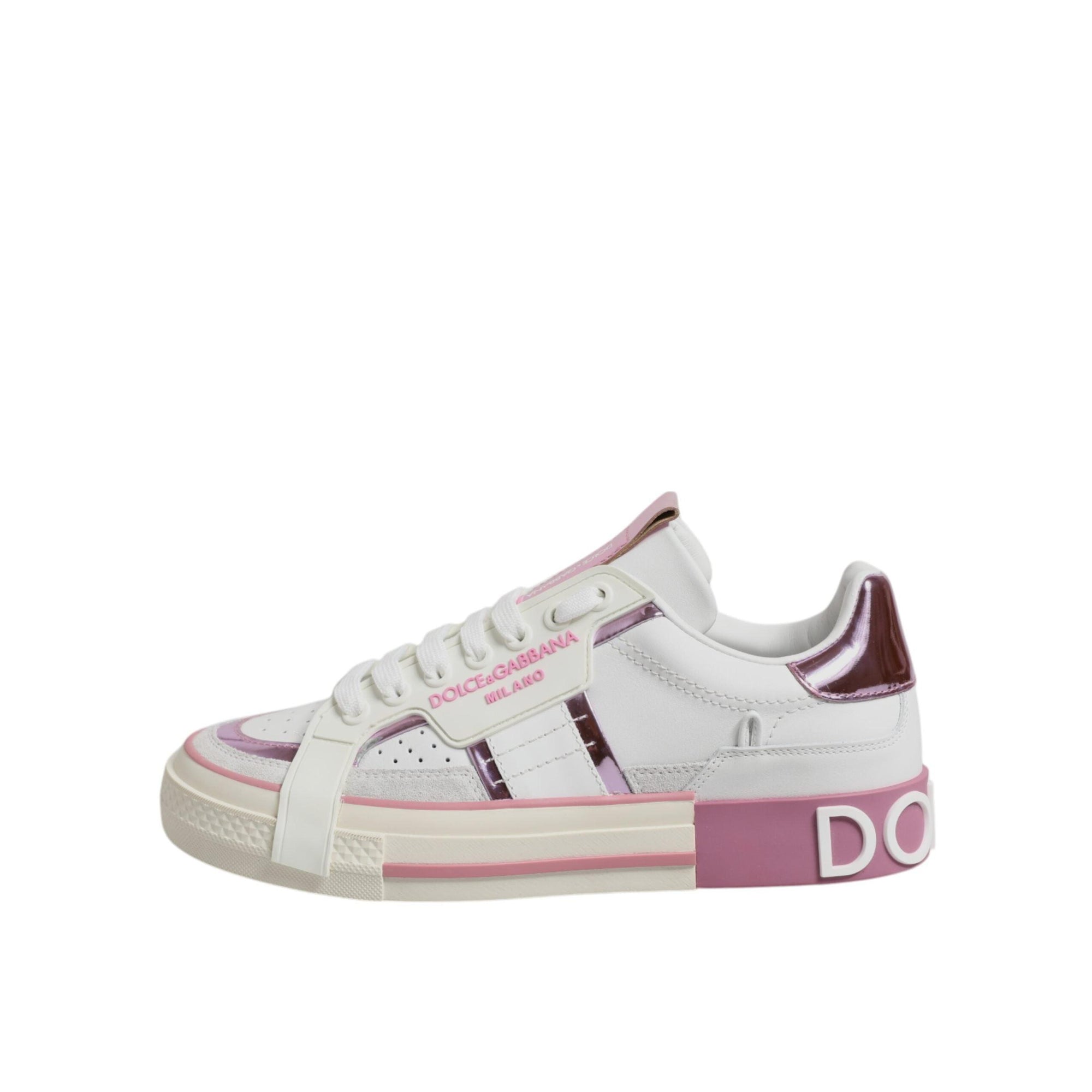 Dolce & Gabbana White Pink Leather Low Top Sneakers Shoes