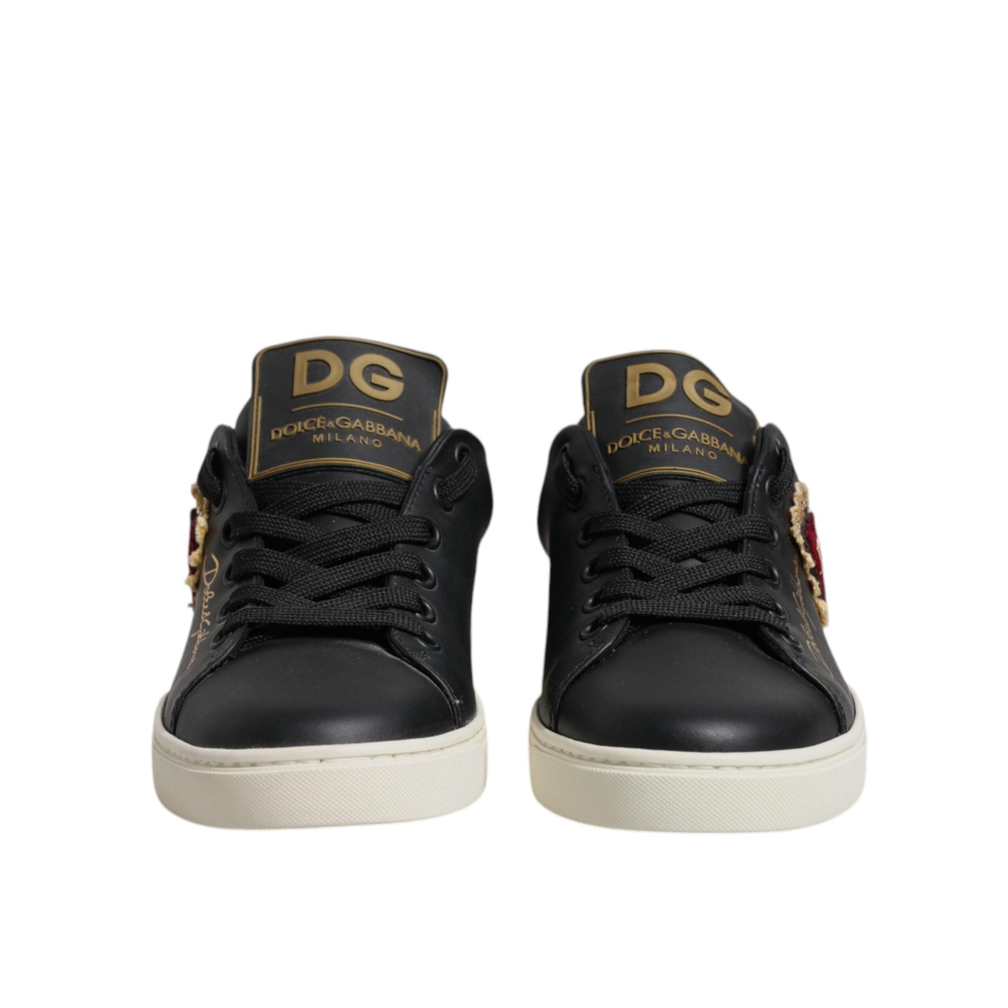 Dolce & Gabbana Black Leather Gold Red Heart Sneakers Shoes