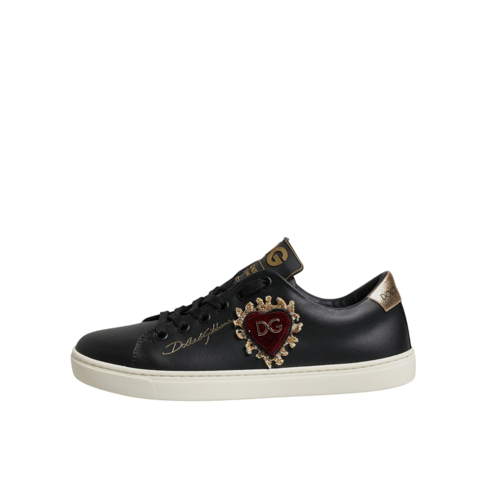 Dolce & Gabbana Black Leather Gold Red Heart Sneakers Shoes