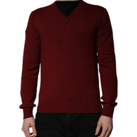 Dolce & Gabbana Maroon Cashmere V-neck Men Pullover Sweater