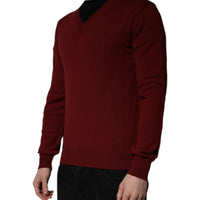 Dolce & Gabbana Maroon Cashmere V-neck Men Pullover Sweater