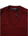 Dolce & Gabbana Maroon Cashmere V-neck Men Pullover Sweater