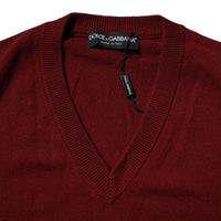 Dolce & Gabbana Maroon Cashmere V-neck Men Pullover Sweater