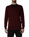 Dolce & Gabbana Maroon Cashmere V-neck Men Pullover Sweater