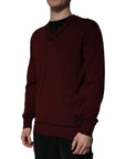 Dolce & Gabbana Maroon Cashmere V-neck Men Pullover Sweater