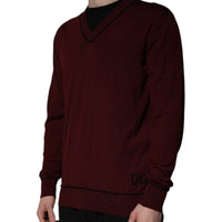 Dolce & Gabbana Maroon Cashmere V-neck Men Pullover Sweater