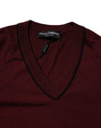Dolce & Gabbana Maroon Cashmere V-neck Men Pullover Sweater