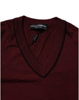 Dolce & Gabbana Maroon Cashmere V-neck Men Pullover Sweater