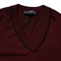 Dolce & Gabbana Maroon Cashmere V-neck Men Pullover Sweater