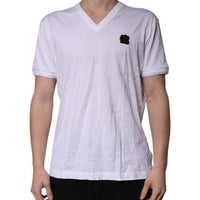 Dolce & Gabbana White Cotton Logo Patch V-neck Tee T-shirt
