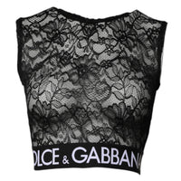 Dolce & Gabbana Black Nylon Floral Lace Sleeveless Crop Top