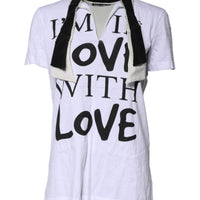 Dolce & Gabbana White Cotton Silk Blend Ascot Collar T-shirt