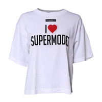 Dolce & Gabbana White Printed Round Neck Top Cotton T-shirt