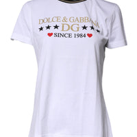 Dolce & Gabbana White Printed Round Neck Top Cotton T-shirt