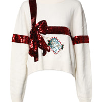 Dolce & Gabbana White Sequined Crew Neck Pullover Sweater