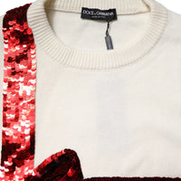 Dolce & Gabbana White Sequined Crew Neck Pullover Sweater