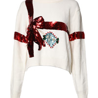 Dolce & Gabbana White Sequined Crew Neck Pullover Sweater