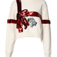 Dolce & Gabbana White Sequined Crew Neck Pullover Sweater