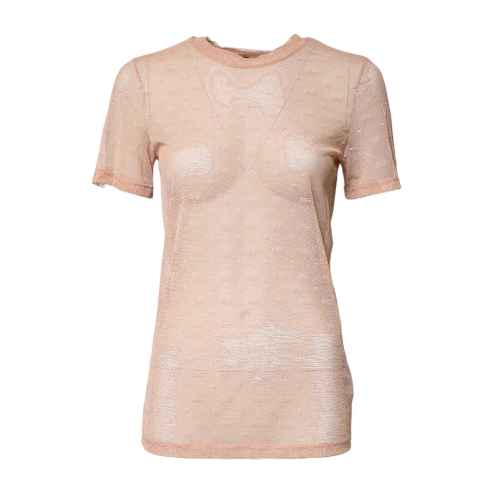 Dolce & Gabbana Beige Nylon Sheer Logo Monogram Crew Neck Top