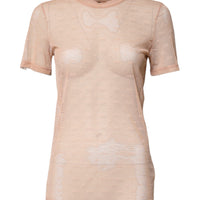 Dolce & Gabbana Beige Nylon Sheer Logo Monogram Crew Neck Top