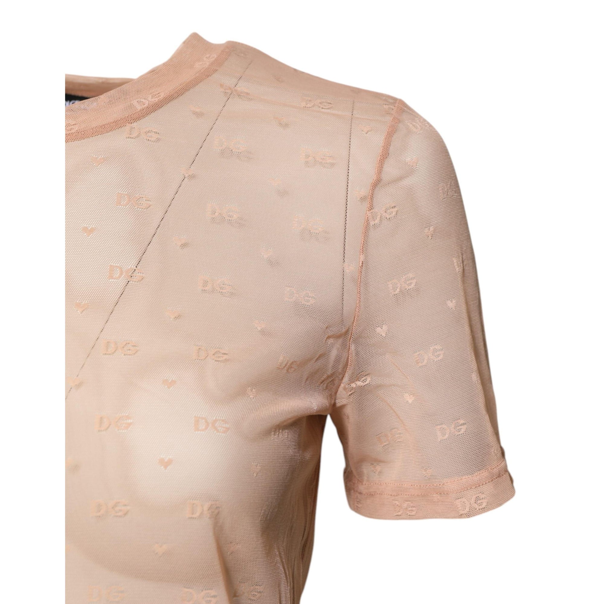 Dolce & Gabbana Beige Nylon Sheer Logo Monogram Crew Neck Top