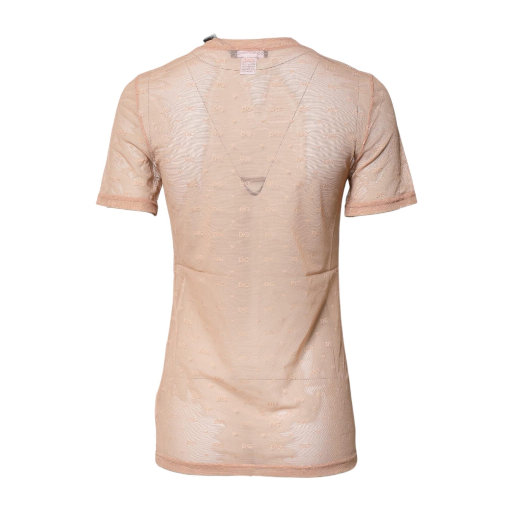 Dolce & Gabbana Beige Nylon Sheer Logo Monogram Crew Neck Top