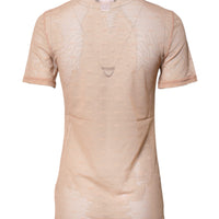 Dolce & Gabbana Beige Nylon Sheer Logo Monogram Crew Neck Top