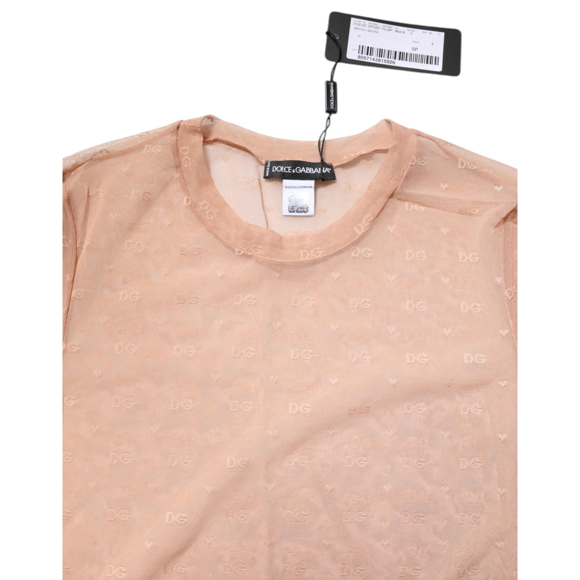 Dolce & Gabbana Beige Nylon Sheer Logo Monogram Crew Neck Top