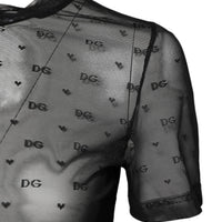 Dolce & Gabbana Black Nylon Sheer Logo Monogram Crew Neck Top