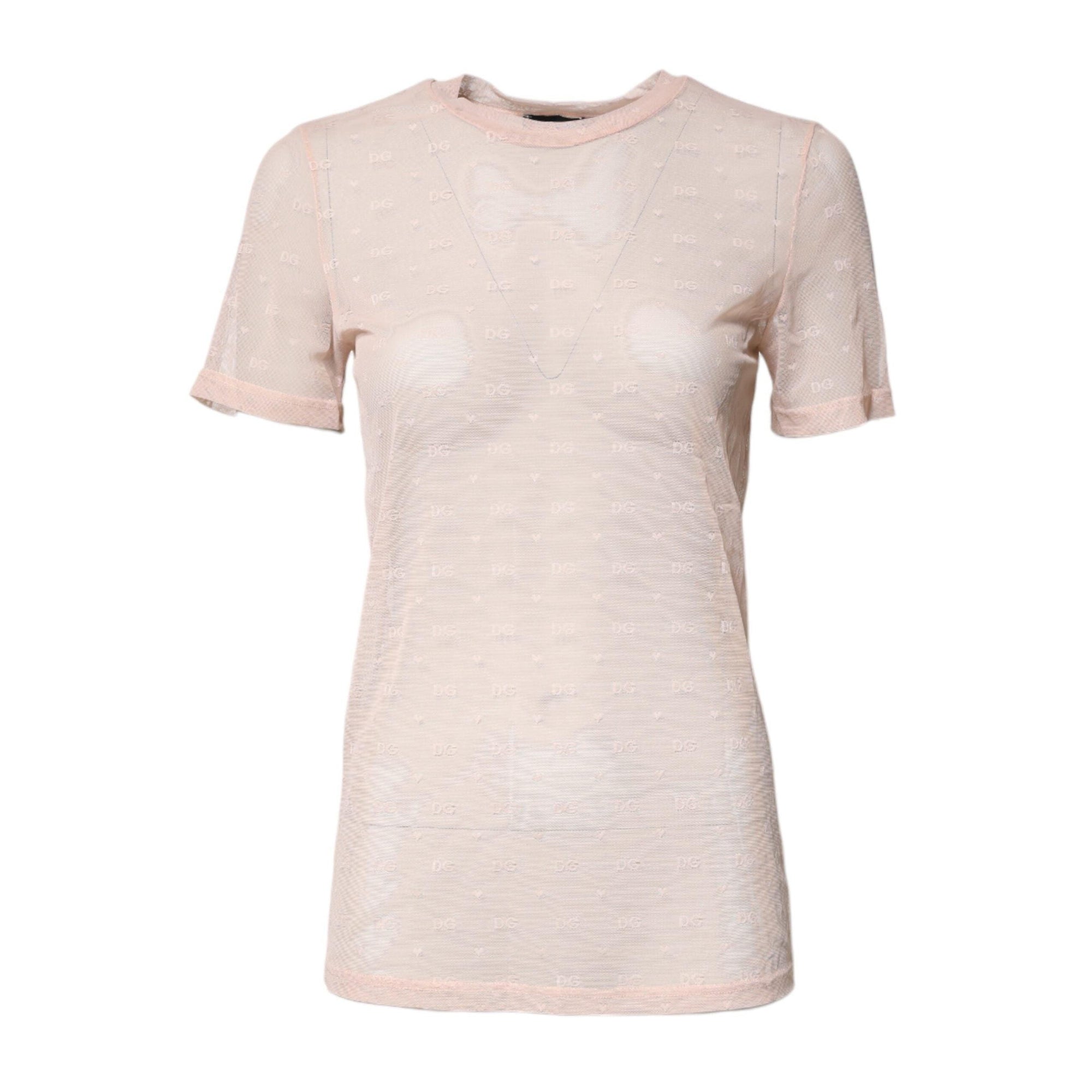 Dolce & Gabbana Beige Nylon Sheer Logo Monogram Crew Neck Top