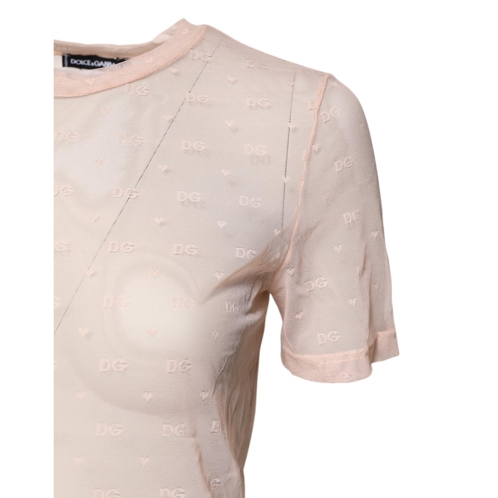 Dolce & Gabbana Beige Nylon Sheer Logo Monogram Crew Neck Top