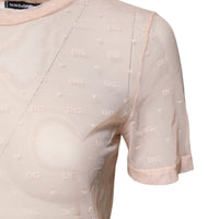 Dolce & Gabbana Beige Nylon Sheer Logo Monogram Crew Neck Top