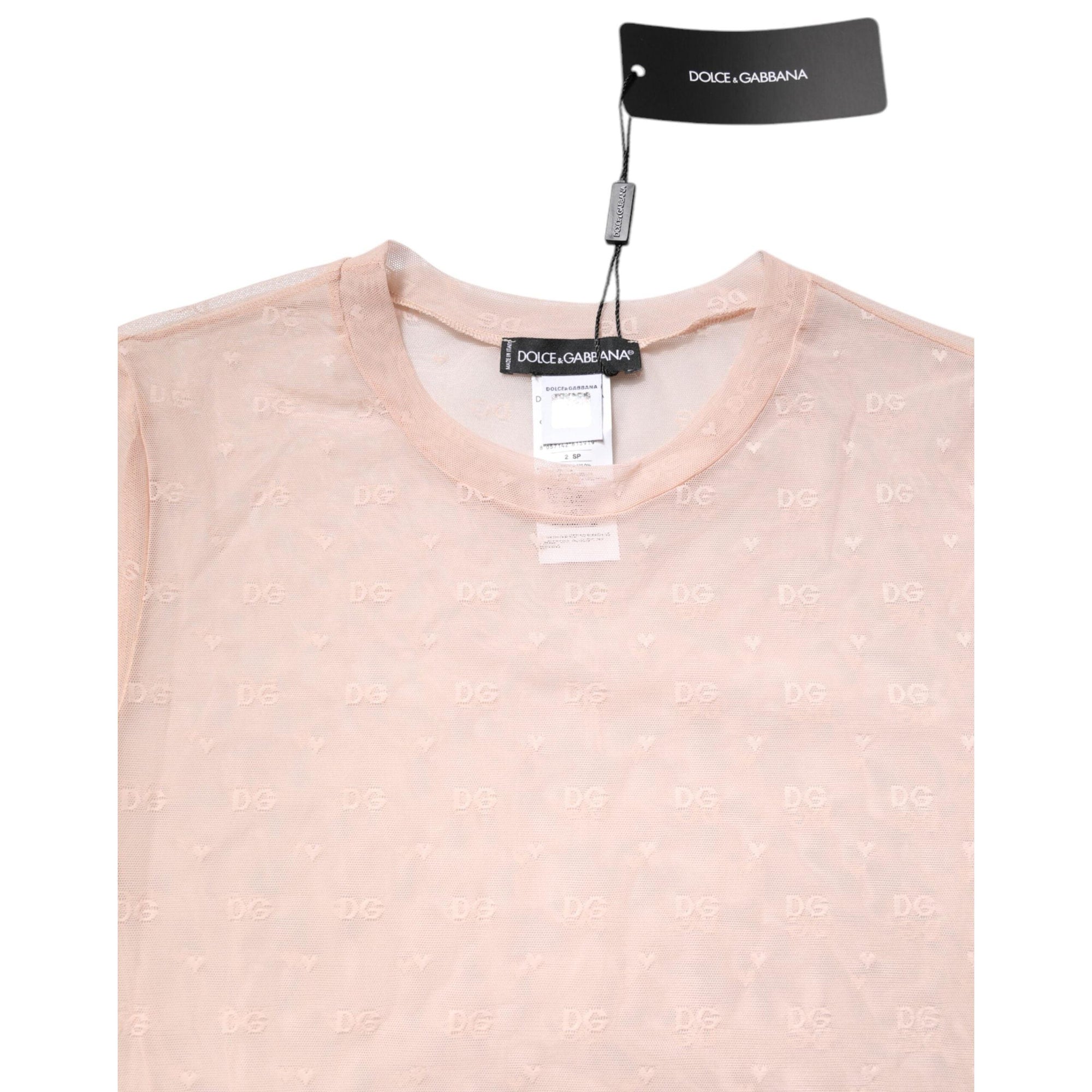 Dolce & Gabbana Beige Nylon Sheer Logo Monogram Crew Neck Top