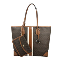 Michael Kors Eva Large Stripe Travel Tote Bag Plus Pouch Brown