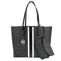 Michael Kors Eva Large Stripe Travel Tote Bag Plus Pouch Black